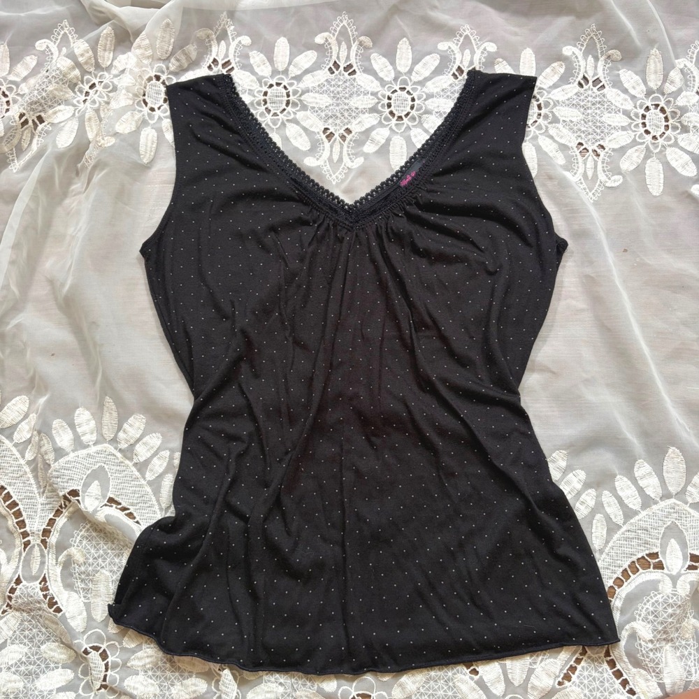 Y2K Black Polka Dot Lace Trim V-Neck Sleeveless Tank Top Size M